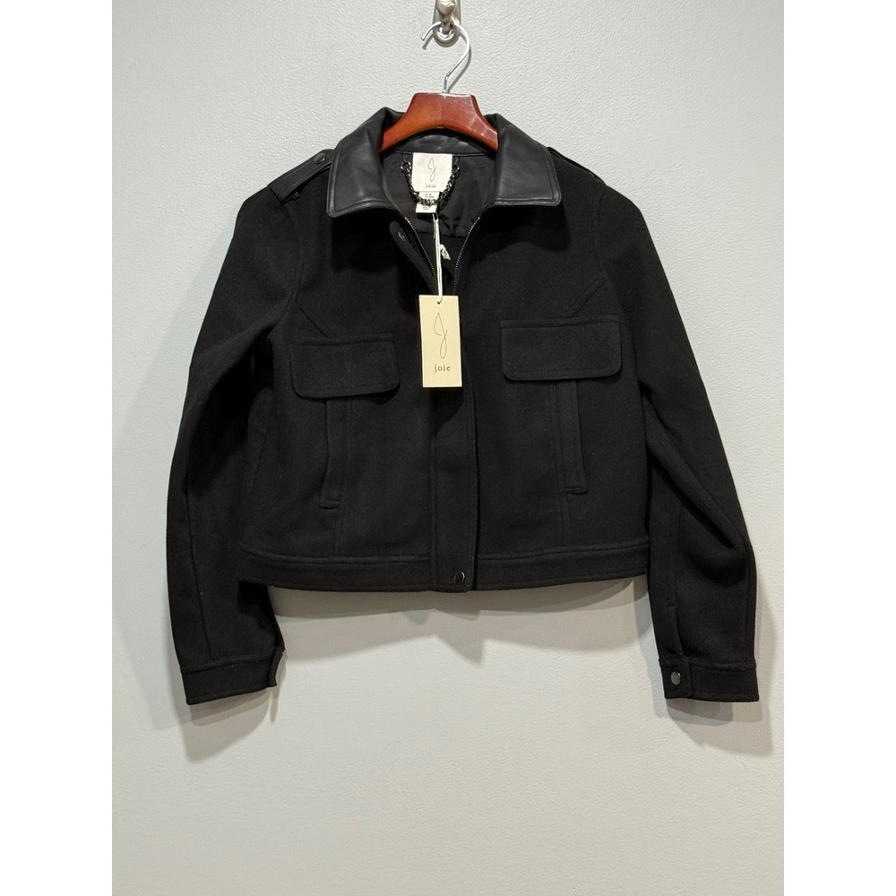 Joie Black Wool Blend Jacket with Leather Collar NWT Size Medium M Zip Front